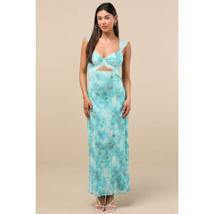 Lulus Endlessly Cute Teal Floral Mesh Cutout Lace Bustier Maxi Dress Blue